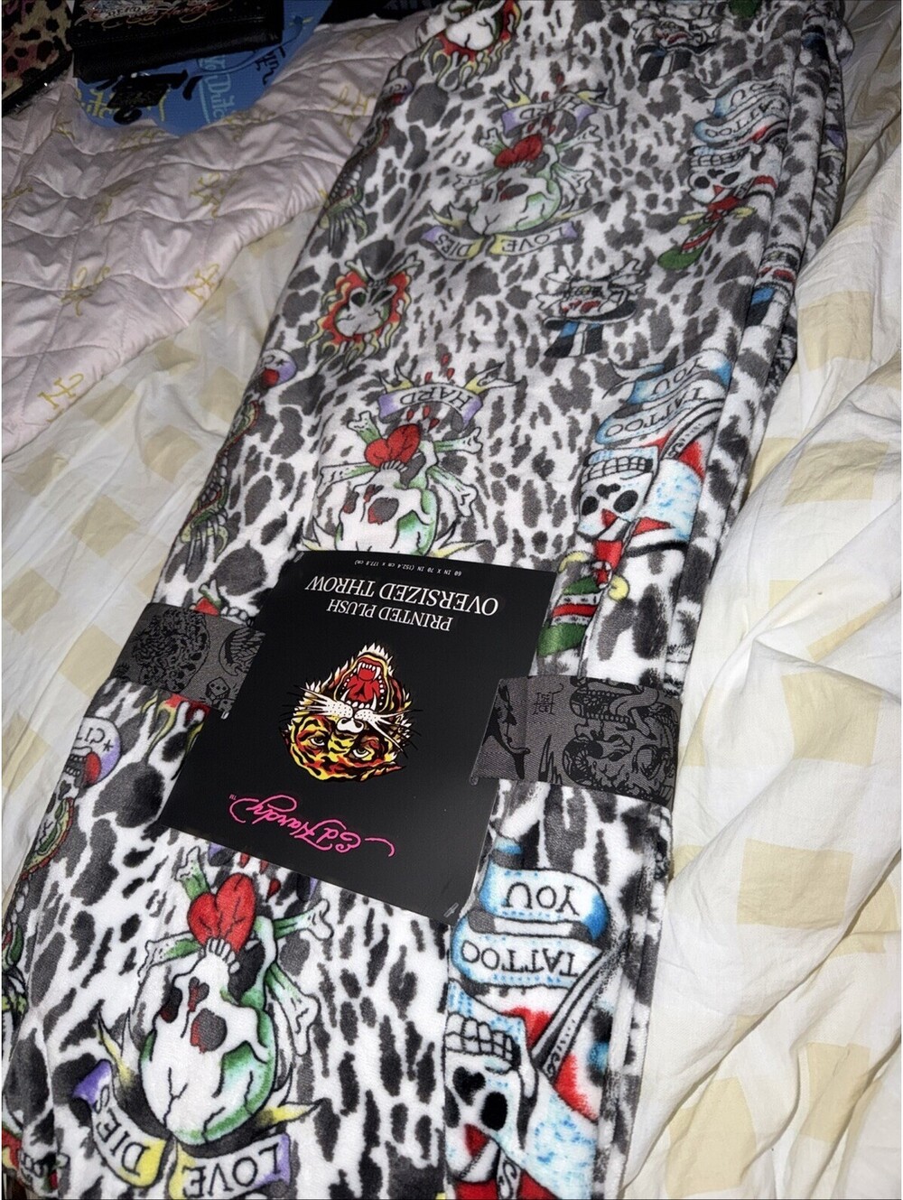 Ed Hardy Oversized Plush Throw Blanket Leopard Print w/Skulls Love Kills Slowly